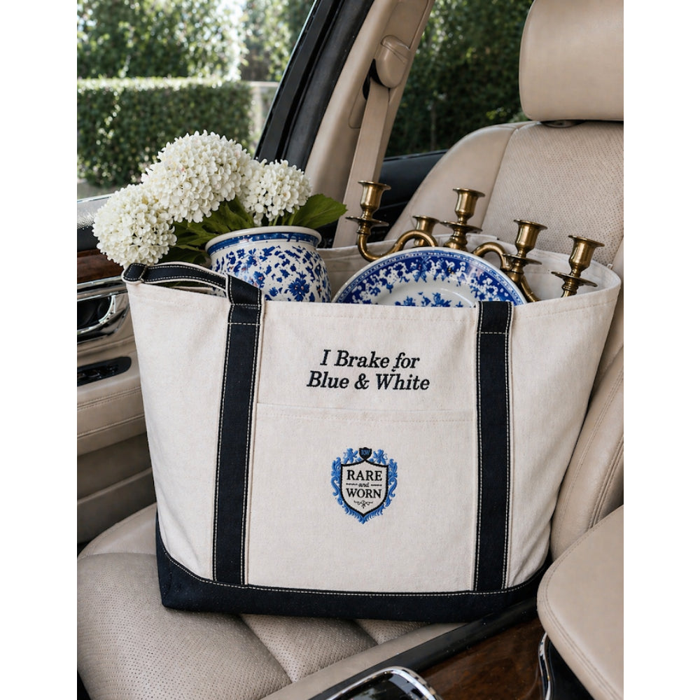 I Brake For Blue And White -  Embroidered Large Canvas Tote - Heritage Collection