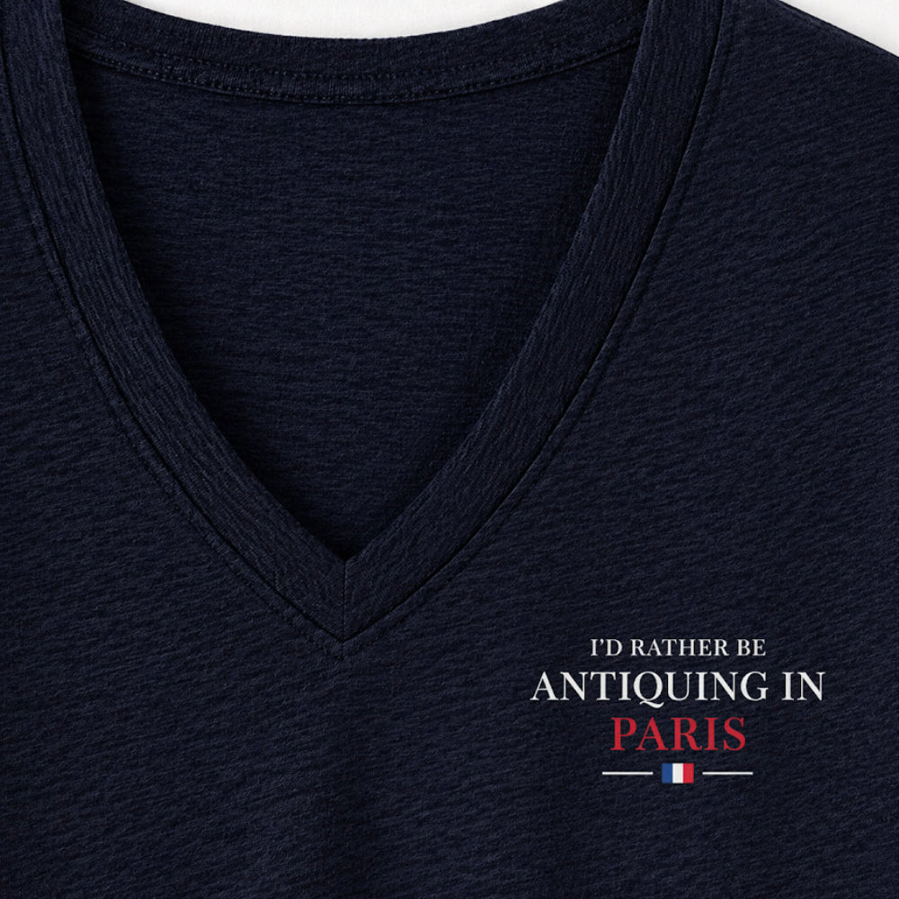 I'd Rather Be Antiquing In Paris - Embroidered Collector's Mark V Neck Relaxed Tee - Navy