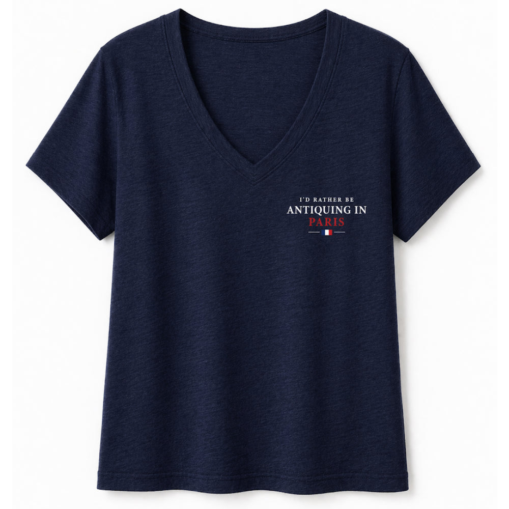 I'd Rather Be Antiquing In Paris - Embroidered Collector's Mark V Neck Relaxed Tee - Navy