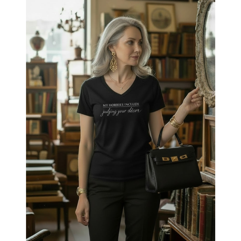 My Hobbies Include Judging Your Decor Tee - Black With Metallic Grey Signature